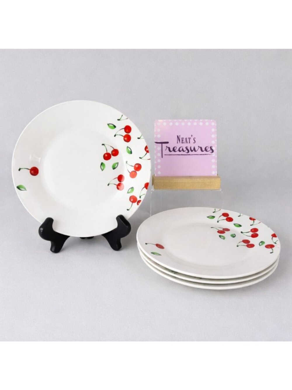 Old East Main CHERRIES Red  White Ceramic Salad Side 7.5" Plates Set Of 4 NEW